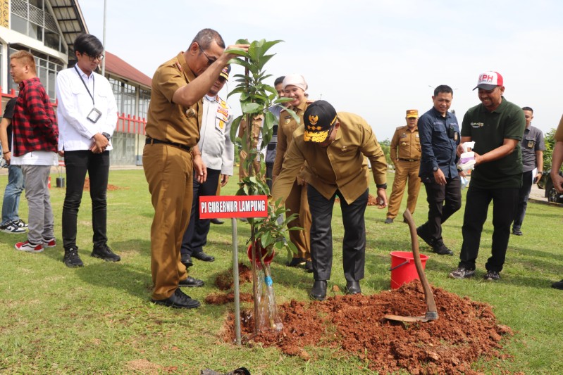 Penjabat Gubernur Lampung, Samsudin, menanam pohon untuk menghijaukan lingkungan ruas Tol Bakter di Rest Area 49 B, Selasa (11/2/2025). (Diskominfotik Lampung)