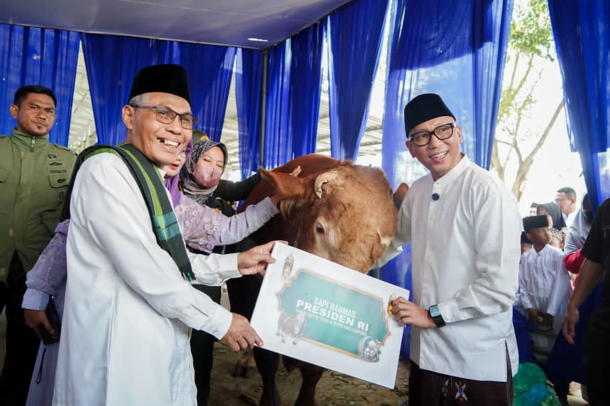 Gubernur Lampung, Rahmat Mirzani Djausal menyerahkan hewan kurban