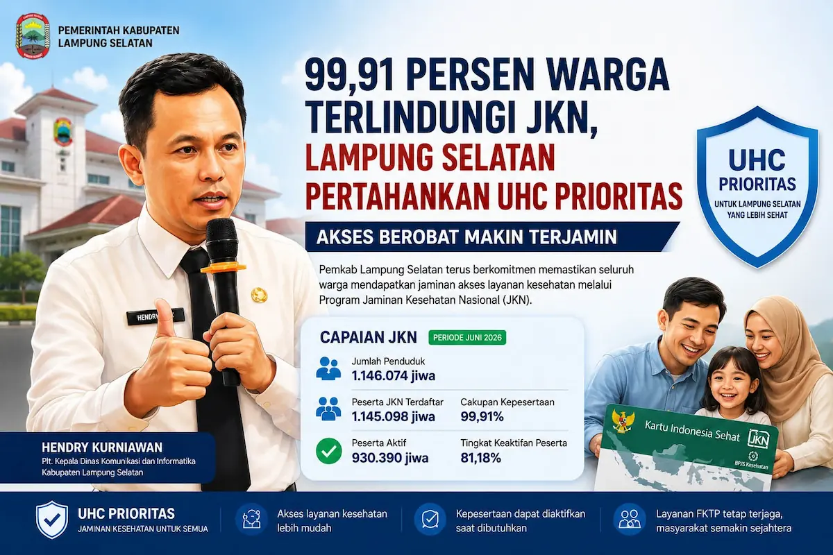Plt Kepala Dinas Kominfo Lampung Selatan Hendry Kurniawan menyampaikan capaian kepesertaan JKN 99,91 persen