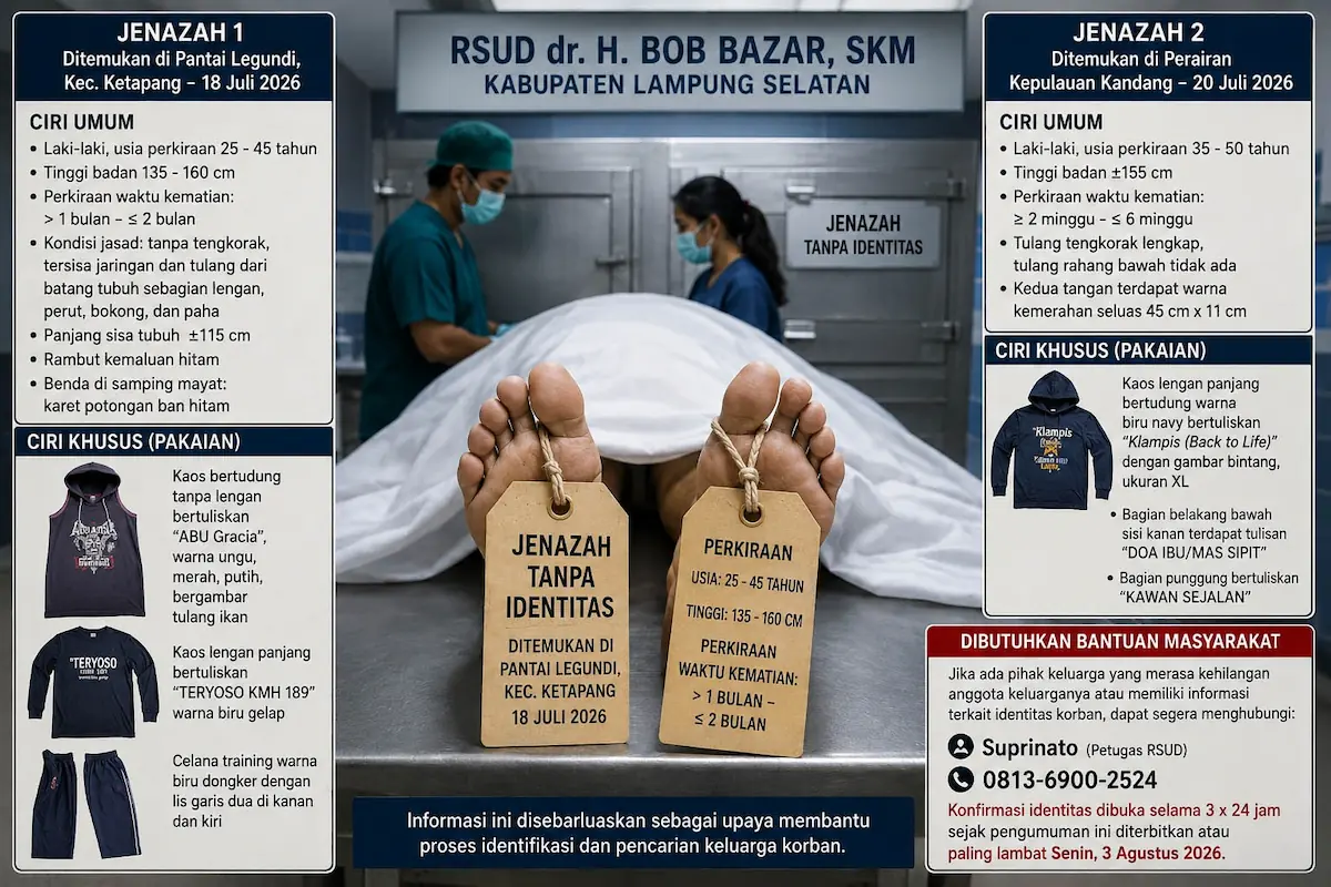 Pengumuman RSUD Bob Bazar tentang dua jenazah laki-laki tanpa identitas yang ditemukan di Lampung Selatan